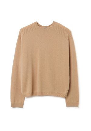 Beige gestrickter Pullover mit lockerer Passform, der gerippte Akzente an den Schultern und Bündchen, eine glatte Textur und einen runden Halsausschnitt aufweist.