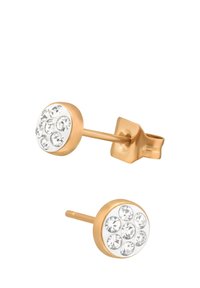 Orecchini a bottoncino in tono oro rotondo presentano una base bianca con sette rhinestone trasparenti disposti in un motivo circolare.