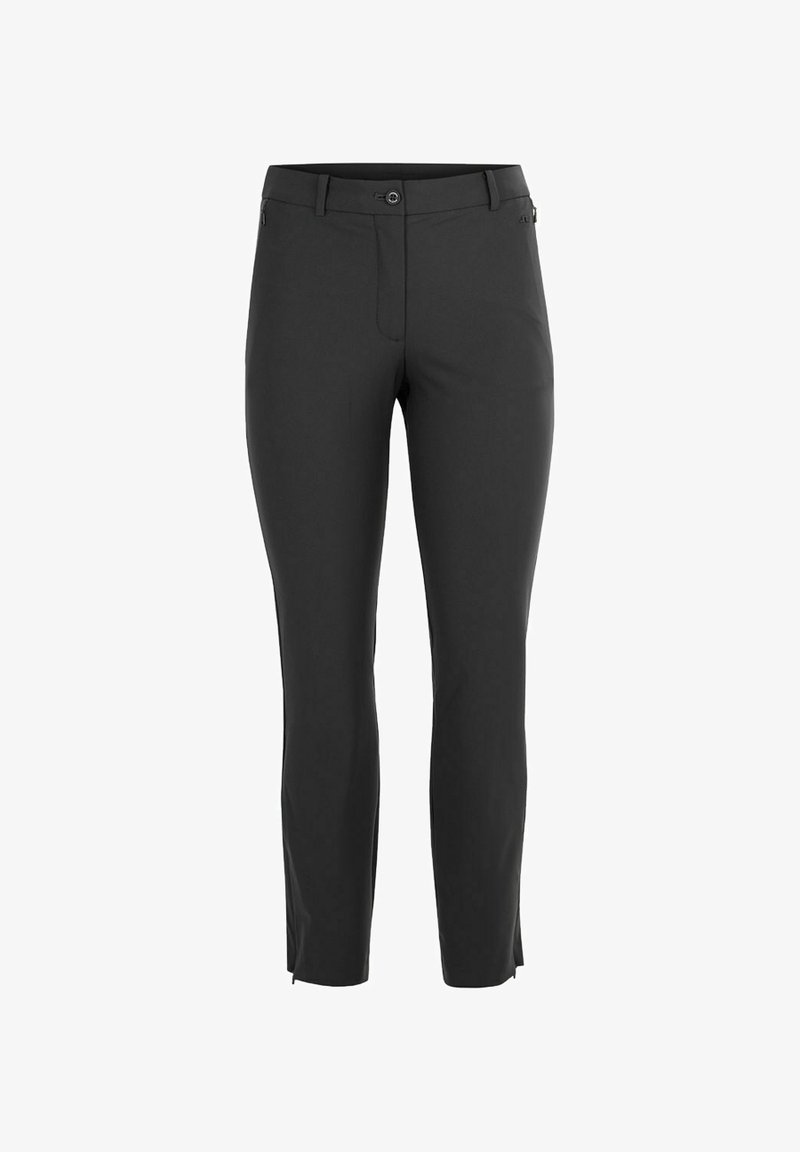 Svarta slim-fit raka byxor med knäppning och dragkedja, bältesöglor och framsidoch fickor, designade för en skräddarsydd passform.