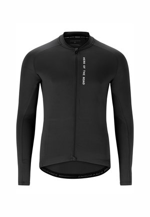 Schwarzes langärmeliges Radtrikot mit durchgehendem Frontreißverschluss und vertikalem "HERO OF THE ROAD"-Text auf der linken Brust.
