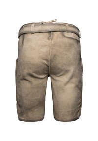 Béžové kožené šortky s hladkým povrchem, vybavené bočními kapsami a zúženým pasem s zavazováním na zádech.