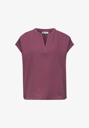 Damesblouse in mauve met korte mouwen, gestructureerde stof, ronde hals met V-inkeping en een ontspannen pasvorm.