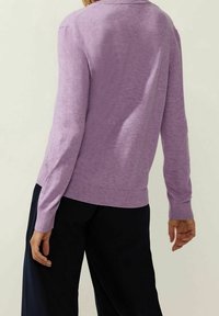 Pull violet clair à manches longues, tricot texturé, avec poignets et ourlet côtelés, vu de dos. Associé à un pantalon foncé, ample.