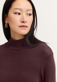 Burgunderfarbener Rollkragenpullover aus weichem Material, mit einer figurbetonten Silhouette und minimalistischem Design, kombiniert mit goldenen Creolen.