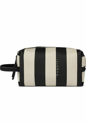 Bolsa de aseo rectangular con rayas negras y beige, con asa lateral y la marca "bugatti" en el frente.