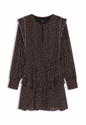 Abito marrone scuro con motivo astratto bianco, balze a più livelli, maniche lunghe e dettaglio a goccia sul collo. Tessuto morbido e leggero.