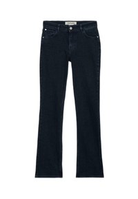 Tmavě modré džínové zvonové kalhoty s klasickým pětikapsovým designem, obsahující zapínání na knoflík a jemné prošívací detaily podél švů.