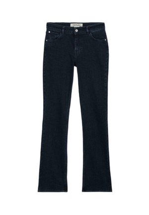 Tmavě modré džínové zvonové kalhoty s klasickým pětikapsovým designem, obsahující zapínání na knoflík a jemné prošívací detaily podél švů.