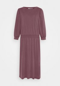 Mauve midi-klänning med rund halsringning, långa puffärmar och rynkad midjedetalj. Tillverkad av mjukt, elastiskt tyg.