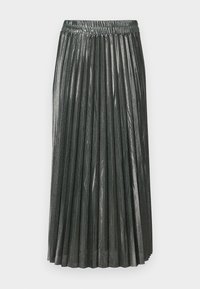 Metallic green pleated skirt with an elastic waistband. Features narrow, vertical pleats and a mid-length design, creating a structured silhouette.
