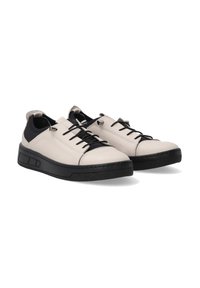 Hellgraue Leder-Sneaker mit schwarzen Akzenten, runder Zehenform, flacher Gummisohle und Schnürsenkeln. Verfügt über ein nahtloses Design und minimale Nähte.