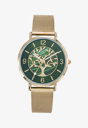 Gold-tone metal mesh watch featuring a green dial with a tree design, gold accents, and clear hour markers. Smooth, contemporary shape.