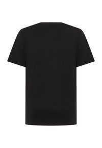 Maglietta nera a maniche corte vista da dietro su sfondo bianco.