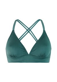 Žalias sportinis liemenėlė su briaunotu raštu, plonomis susikertančiomis petnešėlėmis ir plačia elastine juosta po krūtine, sukurta palaikymui ir komfortui.