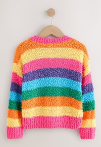 Multicolored sweater on a hanger, featuring horizontal stripes in pink, orange, yellow, green, blue, purple, with a textured, fluffy design.