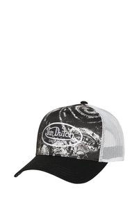 Gorra trucker de Von Dutch en blanco y negro, con parte trasera de malla, patrón gráfico en espiral en la parte frontal y parche con el logo "Von Dutch California".