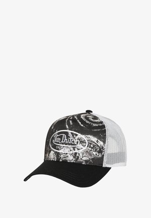 Gorra trucker de Von Dutch en blanco y negro, con parte trasera de malla, patrón gráfico en espiral en la parte frontal y parche con el logo "Von Dutch California".