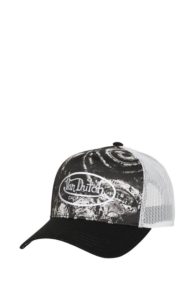 Gorra trucker de Von Dutch en blanco y negro, con parte trasera de malla, patrón gráfico en espiral en la parte frontal y parche con el logo "Von Dutch California".