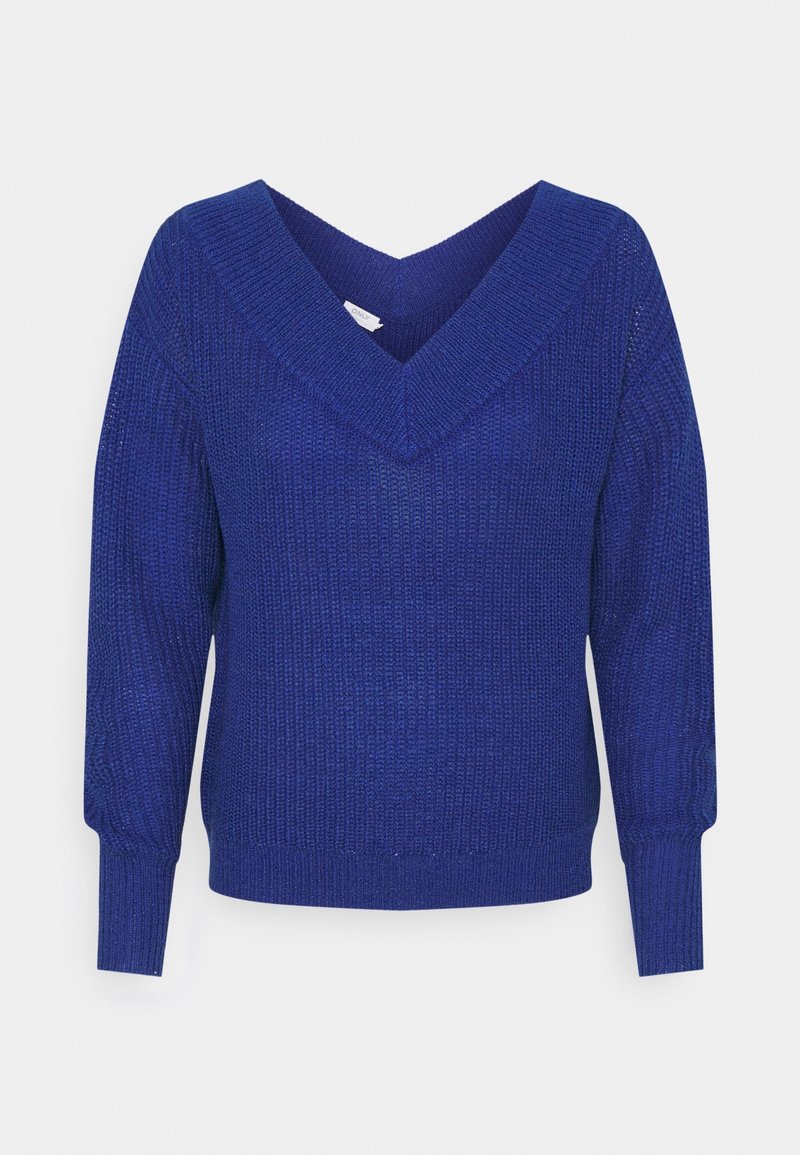 Pull en tricot bleu cobalt à manches longues avec col en V et poignets et ourlet côtelés, présenté sur un fond gris clair uni.