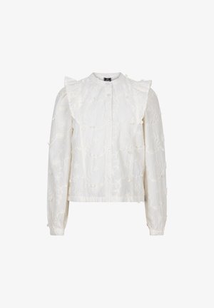 Weiße bestickte Bluse mit langen Ärmeln, Rüschenkragen, Knopfverschluss auf der Vorderseite und floralem Textilmuster.