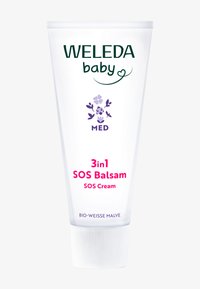 Crema Weleda Baby 3-in-1 SOS Balm in tubo bianco con logo floreale viola e testo rosa per lenire la pelle del bambino.
