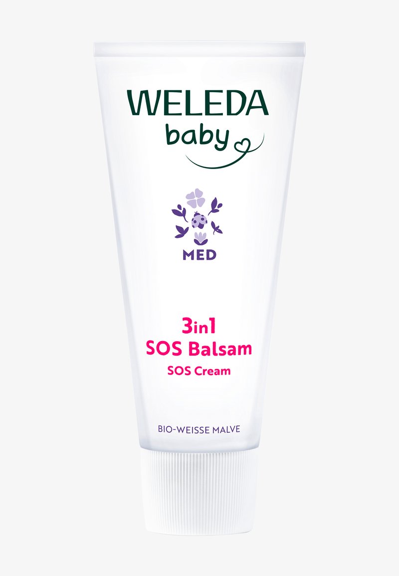 Crema Weleda Baby 3-in-1 SOS Balm in tubo bianco con logo floreale viola e testo rosa per lenire la pelle del bambino.
