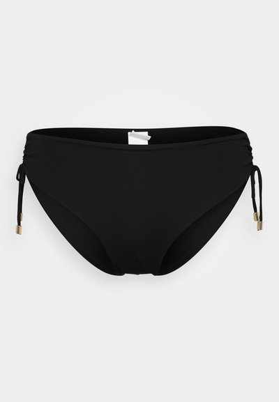 Chiloți de baie negri cu șnururi ajustabile pe laterale și accente din metal auriu. Confecționați dintr-un material neted și elastic, cu o siluetă clasică.