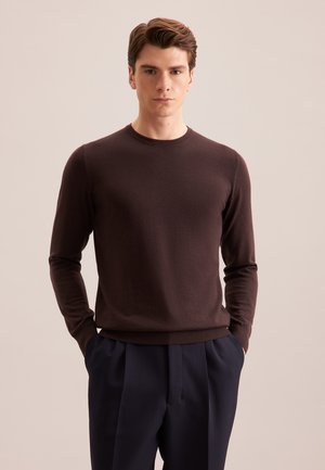 Mann mit kurzem braunem Haar, der einen dunkelbraunen Langarmpullover und dunkelblaue Hose trägt, steht vor einem einfarbigen Hintergrund.
