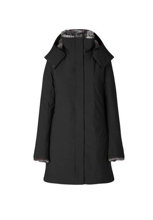 Cappotto invernale nero con colletto alto e foderato in pelliccia sintetica. Presenta maniche lunghe e una vestibilità dritta, progettato per il calore e la protezione.