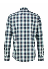 Langærmet skjorte i marineblåt, mintgrønt og hvidt ternet mønster. Har en almindelig krave og knapmanchetter. Bomuldsmateriale, skræddersyet pasform.