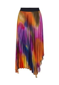 Fållad maxiskirt med ett flerfärgat tie-dye-mönster i nyanser av orange, rosa, lila och blått, med en svart elastisk midja.