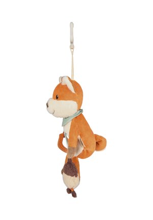 Plush fox toy in orange and cream, with a soft texture and a hanging loop. Features a light blue scarf and a brown tail.