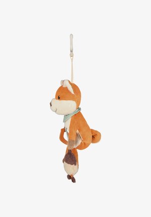 Plush fox toy in orange and cream, with a soft texture and a hanging loop. Features a light blue scarf and a brown tail.
