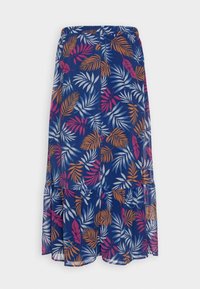 Długa, zwiewna spódnica z lekkiego materiału. Ma granatowe tło z wielokolorowym wzorem liści w odcieniach różu, pomarańczy i bieli. Falbaniasty dół.