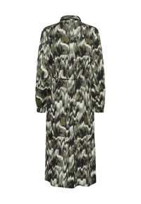Rochie cu mânecă lungă, într-un model abstract de culoare verde, neagră și albă, având guler, manșete cu nasturi și un cordon în talie pentru a evidenția silueta.