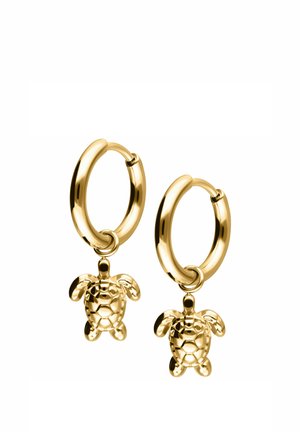 Gold hoop earrings with small detailed turtle charms hanging from each hoop, set against a white background.