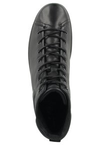 Stivale alla caviglia in pelle nera con punta rotonda, design con lacci, texture liscia, collarino imbottito e suola flessibile.
