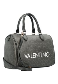 Bolso de mano negro texturizado con asas dobles y correa de hombro desmontable. Presenta un logo repetido de "Valentino" y detalles en tono dorado.