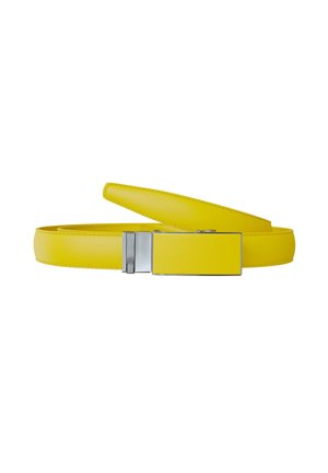Yellow leather belt with a rectangular yellow and silver metal buckle, coiled in a flat loop on a white background.