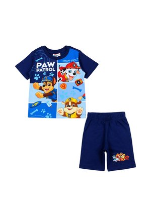 Tenue Paw Patrol bleu marine pour enfants avec T-shirt à manches courtes à imprimé personnages et shorts assortis avec des empreintes de pattes et des badges.