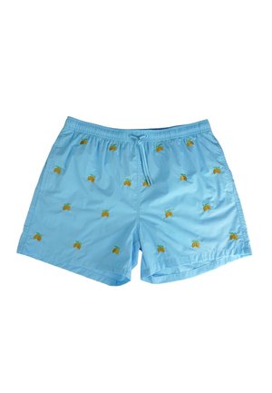 Pantaloni da bagno blu chiaro con cintura elastica e cordino, caratterizzati da piccoli motivi di frutta arancione ricamati in tutto il capo.