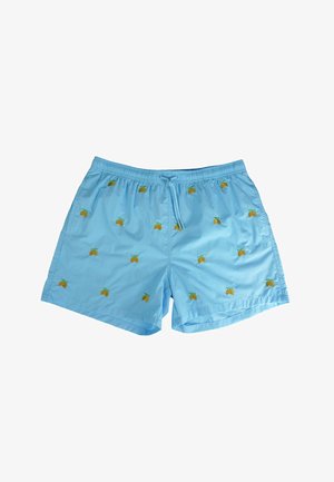 Pantaloni da bagno blu chiaro con cintura elastica e cordino, caratterizzati da piccoli motivi di frutta arancione ricamati in tutto il capo.