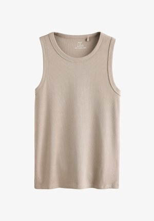 Beiger, gerippter Tanktop mit rundem Ausschnitt, ärmellosem Design und weicher Textur. Gerader Saum mit dezenten Nahtdetails.