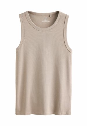 Beige ärmelloses, geripptes Tanktop mit Rundhalsausschnitt und weicher Textur; verfügt über gestickte Kanten und keine Verzierungen.