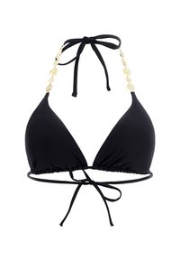 Čierny bikini top s trojuholníkovými pohármi, zhromaždenými okrajmi, nastaviteľnými viazaniami a zlatými reťazovými akcentmi na ramienkach. Hladká, pružná látka.