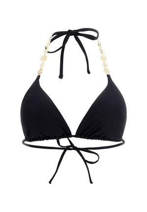 Black bikini top with triangular cups, gathered edges, adjustable ties, and gold chain accents on straps. Smooth, stretchy fabric.