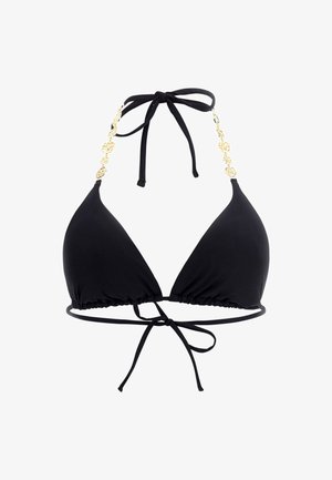 Haut de bikini noir avec des bonnets triangulaires, des bords froncés, des liens ajustables et des accents en chaîne dorée sur les bretelles. Tissu lisse et extensible.