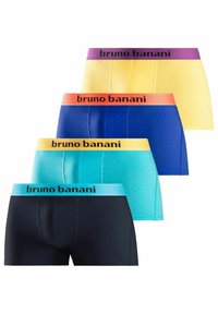 Set of four men's boxer shorts in varied colors: yellow, orange, blue, and turquoise, each with a contrasting branded waistband.