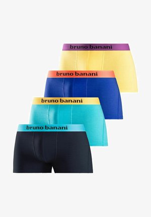 Männer-Boxershorts aus dunkelblauem Stoff mit einem hellblauen elastischen Bund, der den Markennamen "Bruno Banani" in Schwarz trägt.