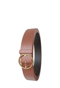 Brown faux leather belt with a smooth texture, wide design, gold circle buckle, and multiple holes for adjustment.